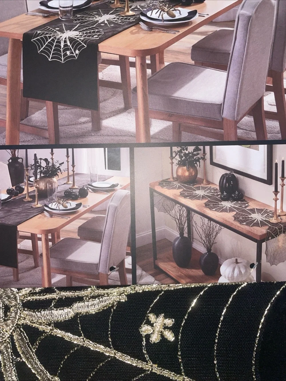 Tahari Table Runners HALLOWEEN Black 16 X 90 & Gold Spider Webs 14” X 72” NIP